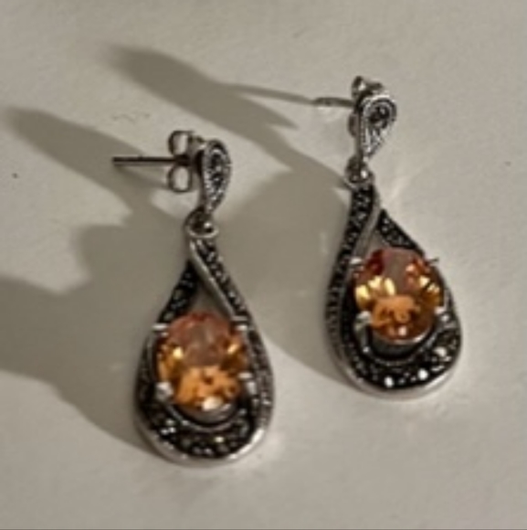 Vintage Oval Tourmaline Gemstone Marcasite Sterling Silver Earrings - Picture 2 of 4